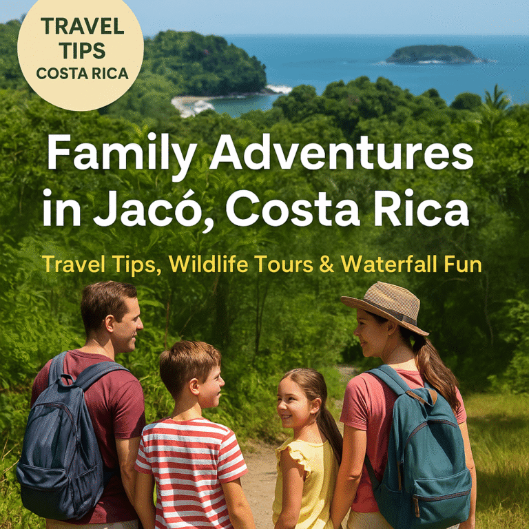 Family hiking in Jacó, Costa Rica with ocean view in background, promoting travel tips, wildlife tours, and waterfall adventures for families.