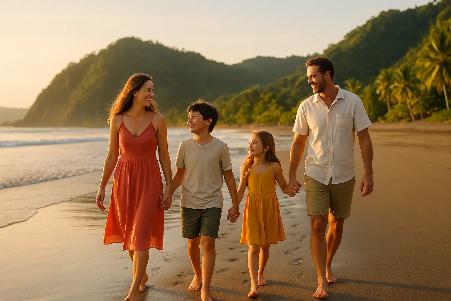 A family of four walking along Jaco Beach in Costa Rica during golden hour, holding hands and enjoying the sunset with mountains in the background.