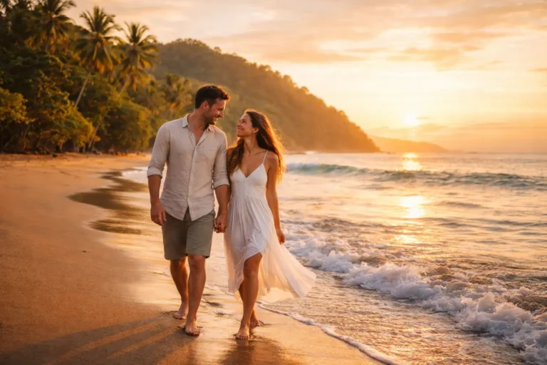 Happy couple walking hand in hand along a tropical beach in Jacó, Costa Rica at sunset.
