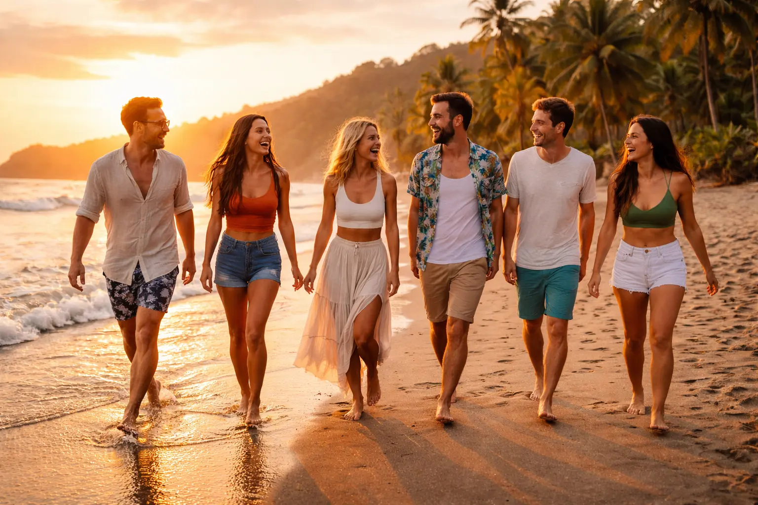 Group of friends walking along Jacó Beach in Costa Rica at sunset, enjoying a relaxed and energetic group trip by the ocean